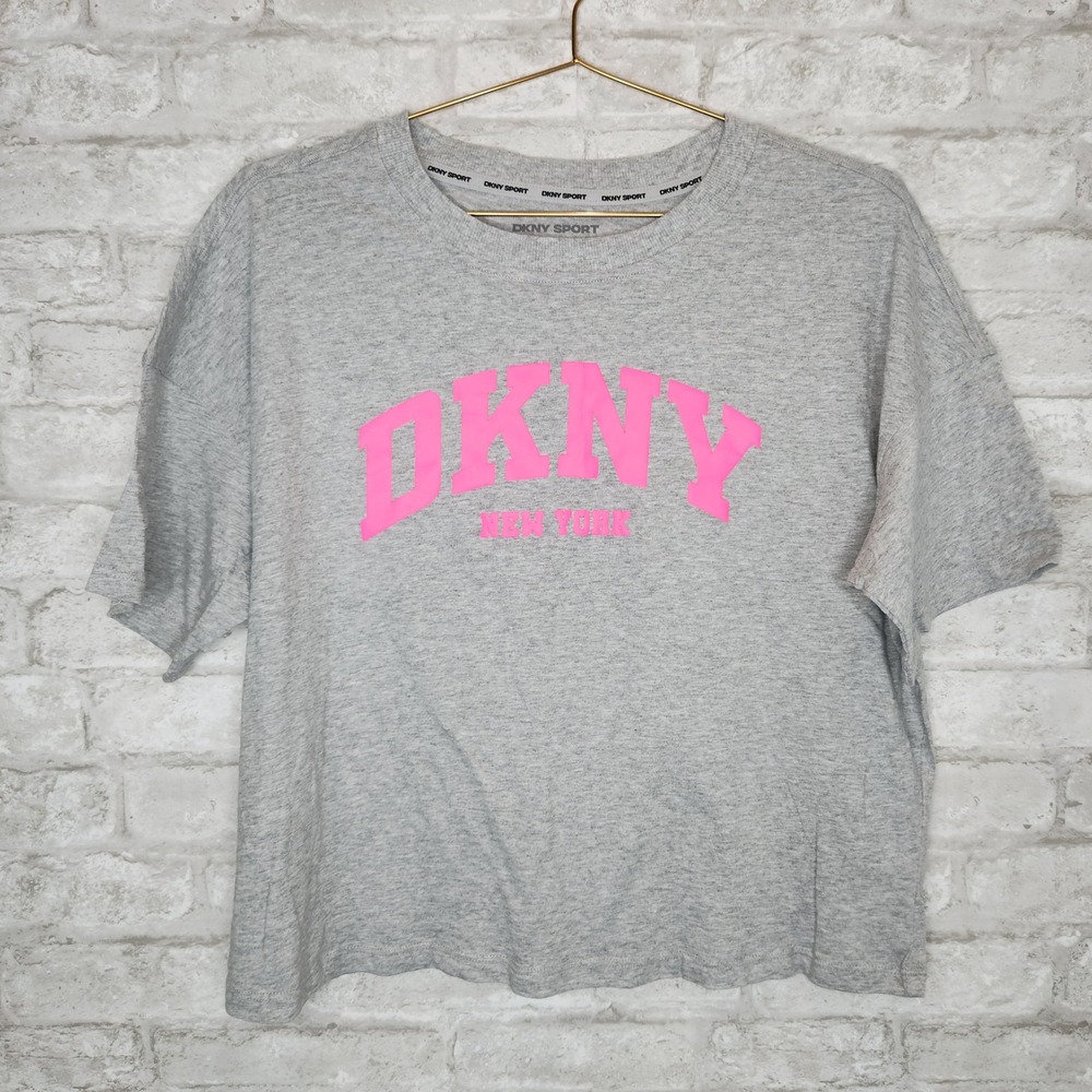 DKNY Sport T-Shirt Grey Pink Logo Graphic Athleisure Casual Gym Medium